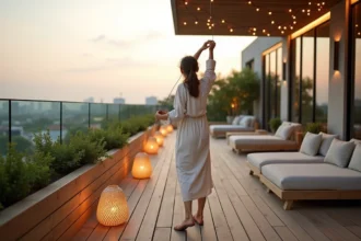 Terrasse estivale avec parasol lumineux et spa connecté