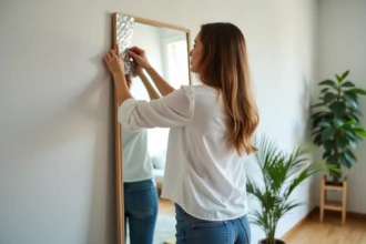 Miroir accroché au mur sans clous avec une technique moderne