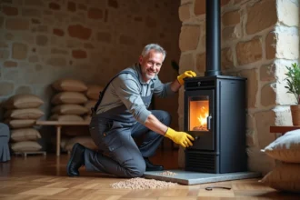 Poêle à granulés installé dans un salon moderne et chaleureux