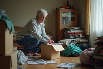 Logement encombré avec objets entassés et désordre extrême