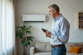 Climatiseur split installé dans un salon moderne avec décoration élégante