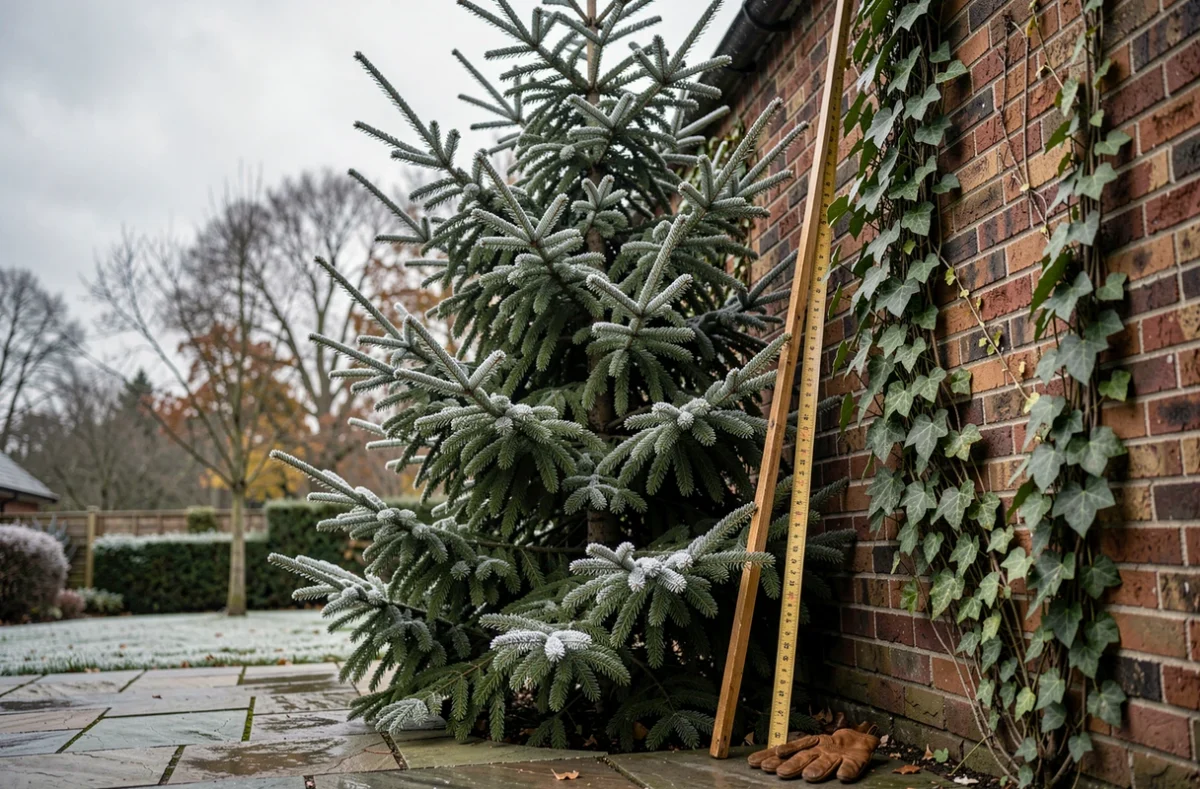Grand sapin naturel en extérieur dans un jardin avec givre et mètre ruban pour mesure