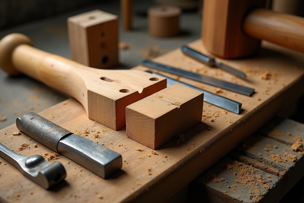Gros plan d'un assemblage tenon mortaise en bois posé sur un établi avec des ciseaux anciens et un gabarit d'assemblage moderne en contraste