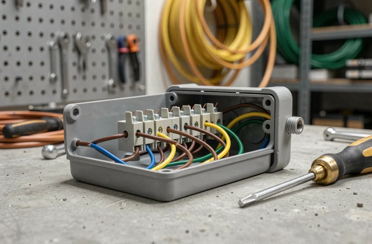 Gros plan sur des borniers domino avec fils électriques multicolores raccordés et tournevis posé à côté, montage électrique sans faux contact