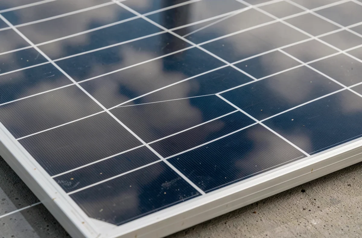 Gros plan sur les cellules monocristallines et les bus-bars d'un panneau solaire photovoltaïque
