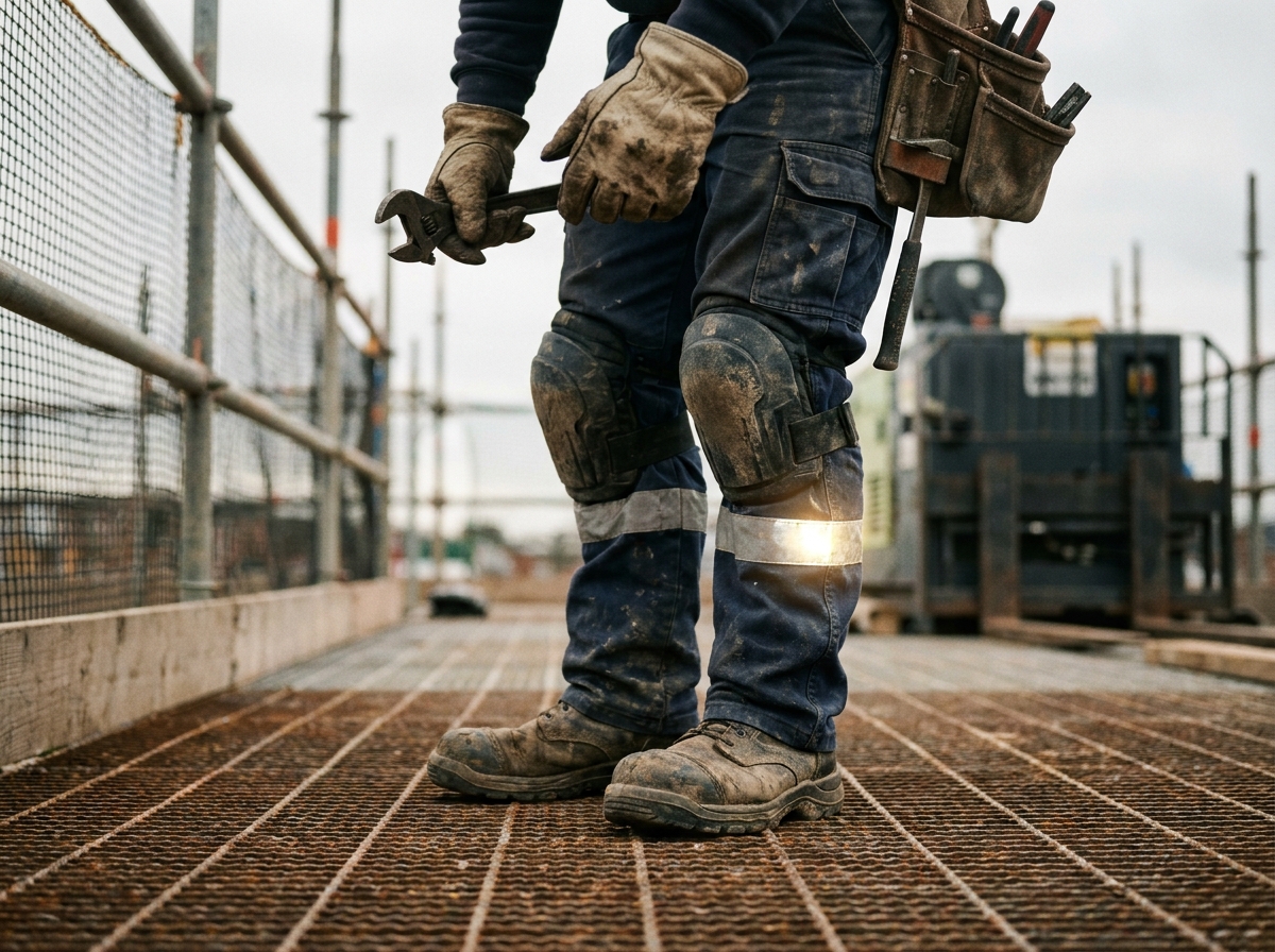 Gros plan sur les équipements de protection d'un ouvrier : gants de sécurité, pantalon renforcé et chaussures de sécurité sur un chantier