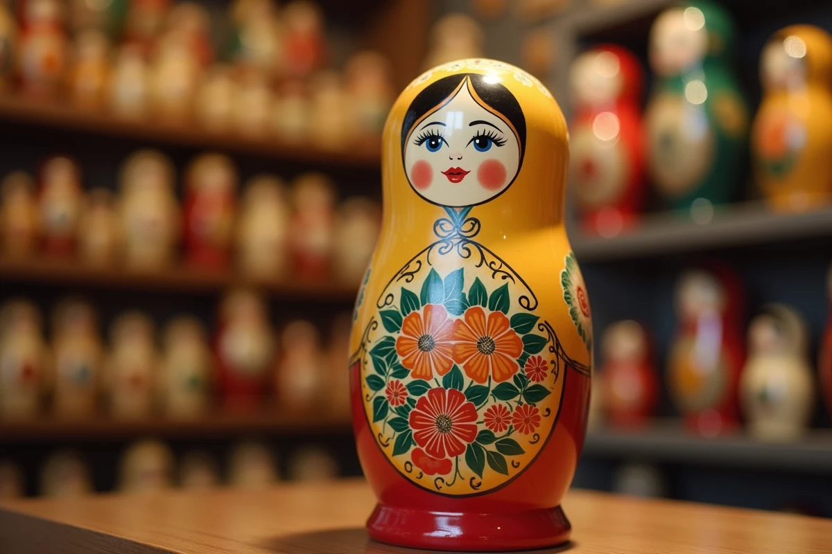 Gros plan sur le visage peint d'une grande poupée matriochka traditionnelle avec motifs floraux et laques brillantes, boutique de souvenirs en arrière-plan flou