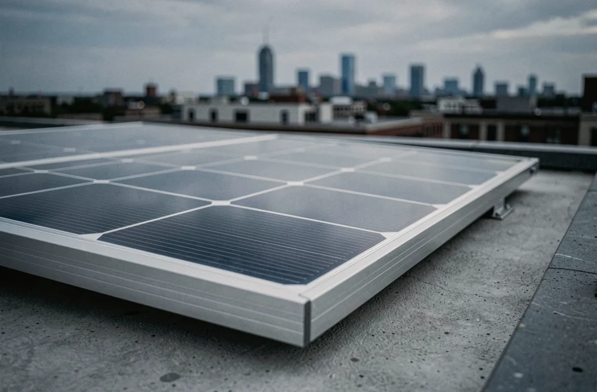 Gros plan sur la surface d'un panneau solaire Bourgeois Global installé sur un toit plat en milieu urbain