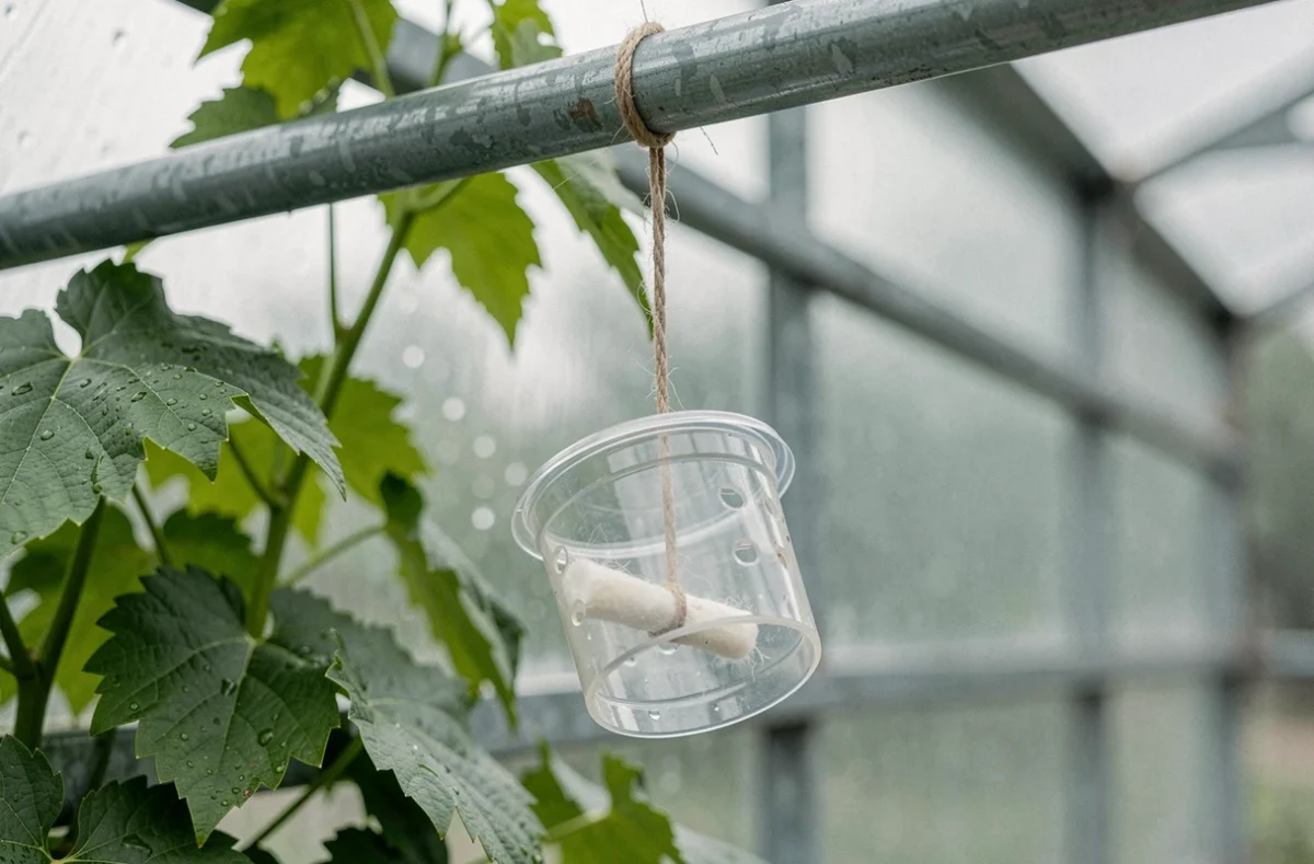 Gros plan sur un piège à phéromones artisanal suspendu dans une serre avec feuillage de vigne