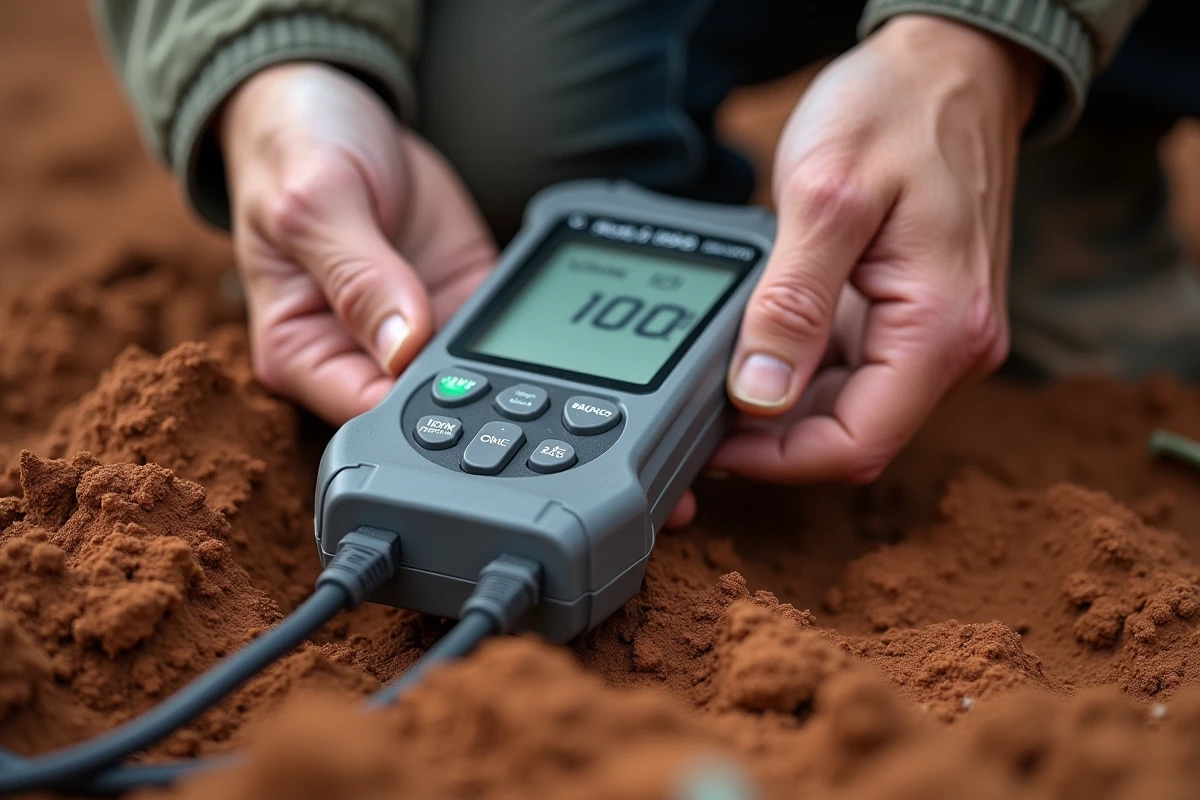 Gros plan sur un testeur de résistance de terre affichant une valeur en ohms avec des sondes enfoncées dans un sol argileux