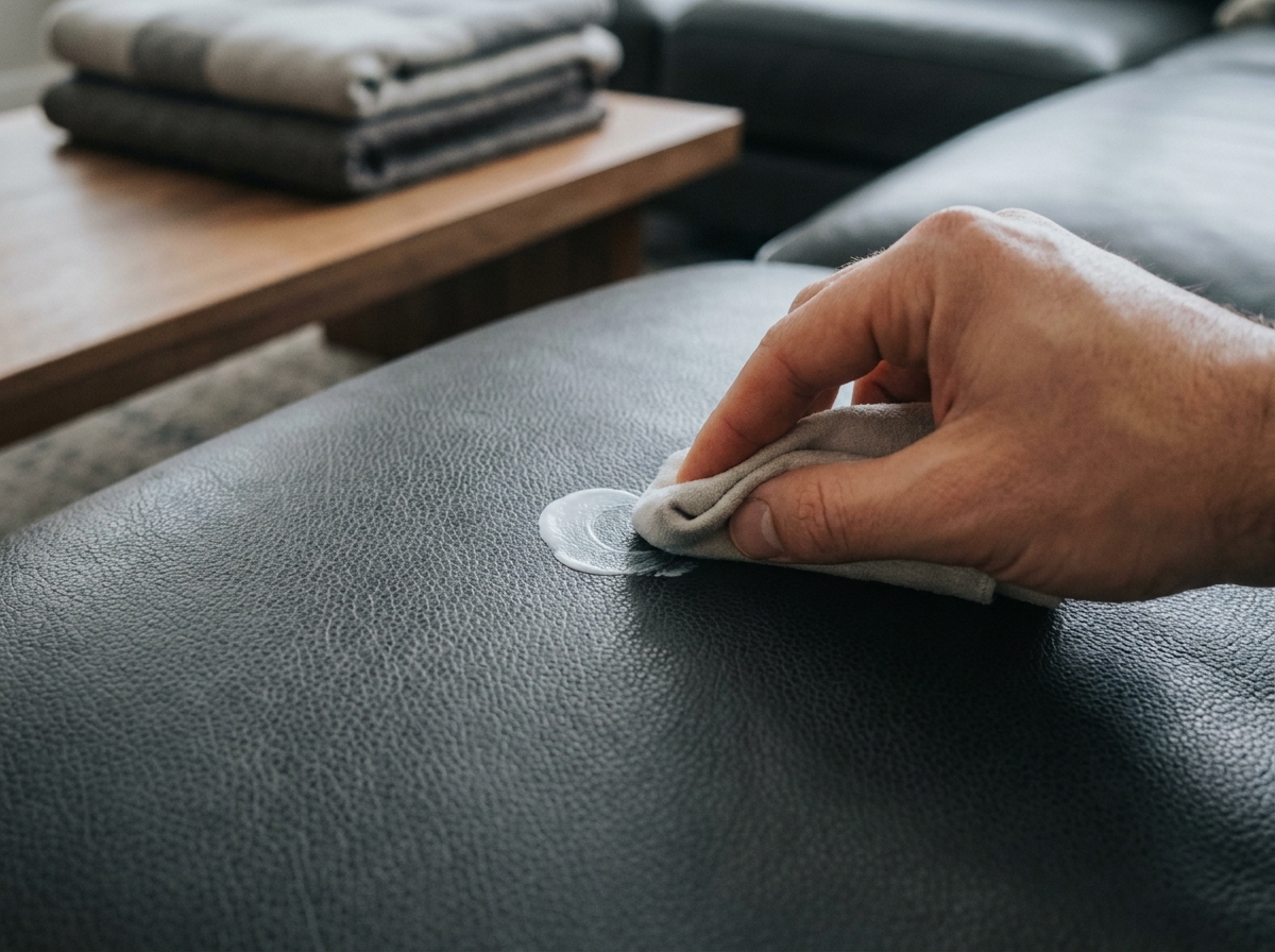Gros plan sur la texture d'un canapé en cuir gris anthracite lors de l'application d'un soin conditionneur, montrant la qualité des pores du cuir entretenu