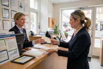 Guichet d'un bureau de poste où un agent remet du courrier à un client