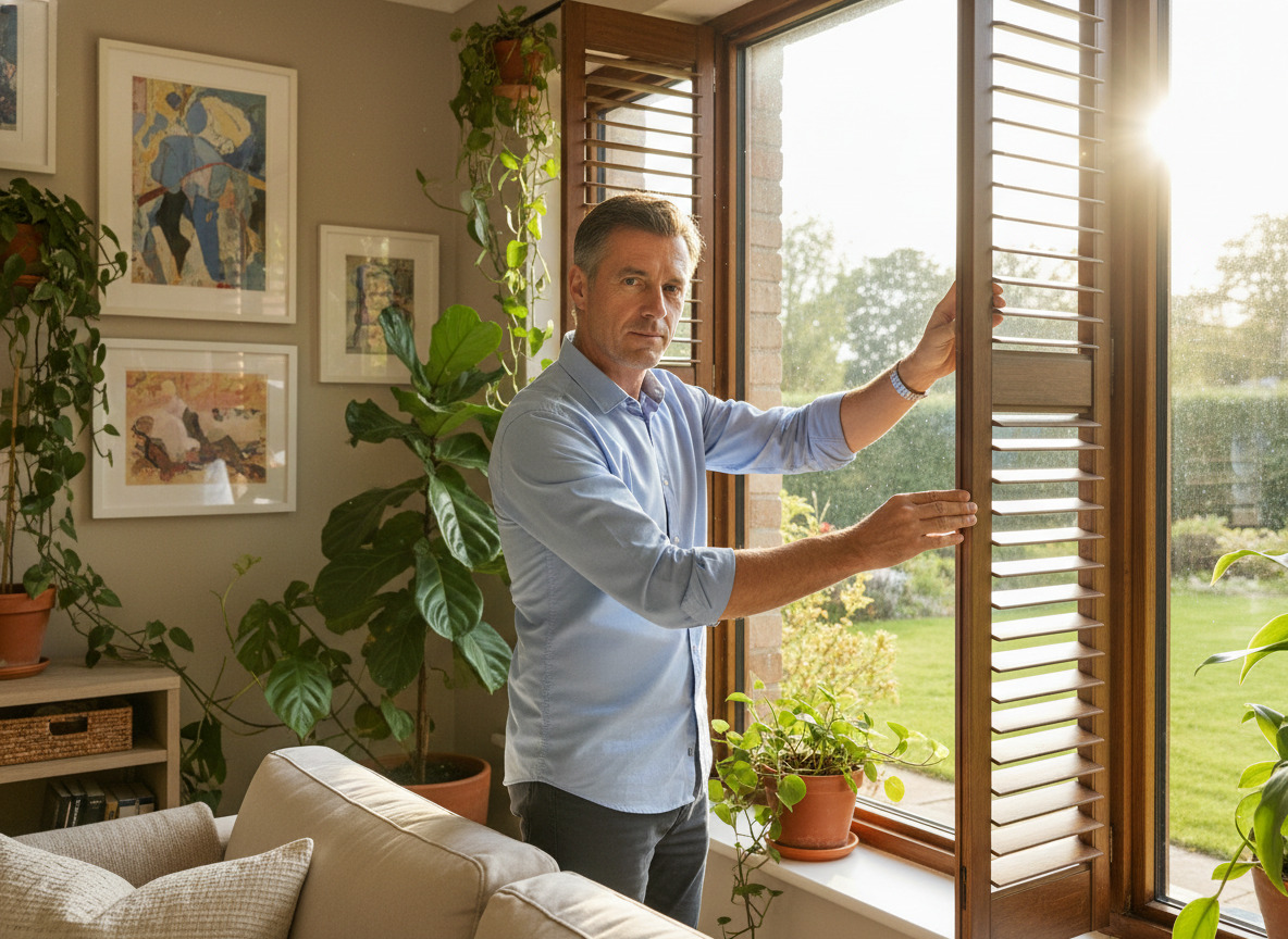 Homme intérieur ajustant un volet en bois dans un salon lumineux