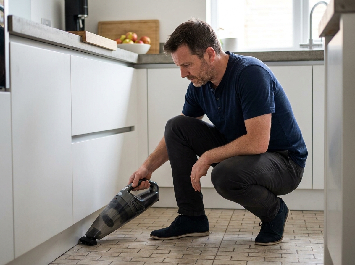 Homme utilisant un aspirateur sans fil portable sous un meuble de cuisine contemporaine