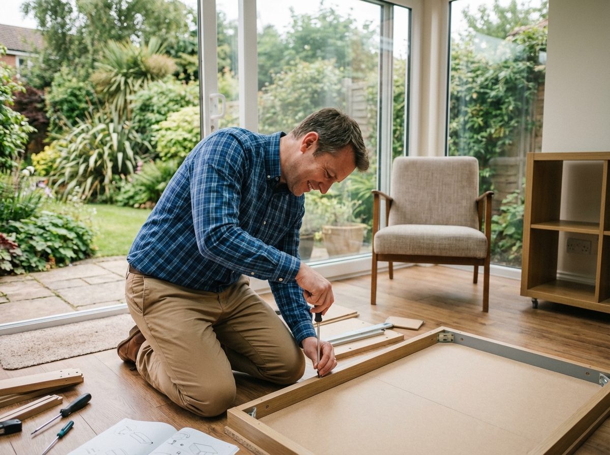 Homme assemblant un bureau dans une extension verte