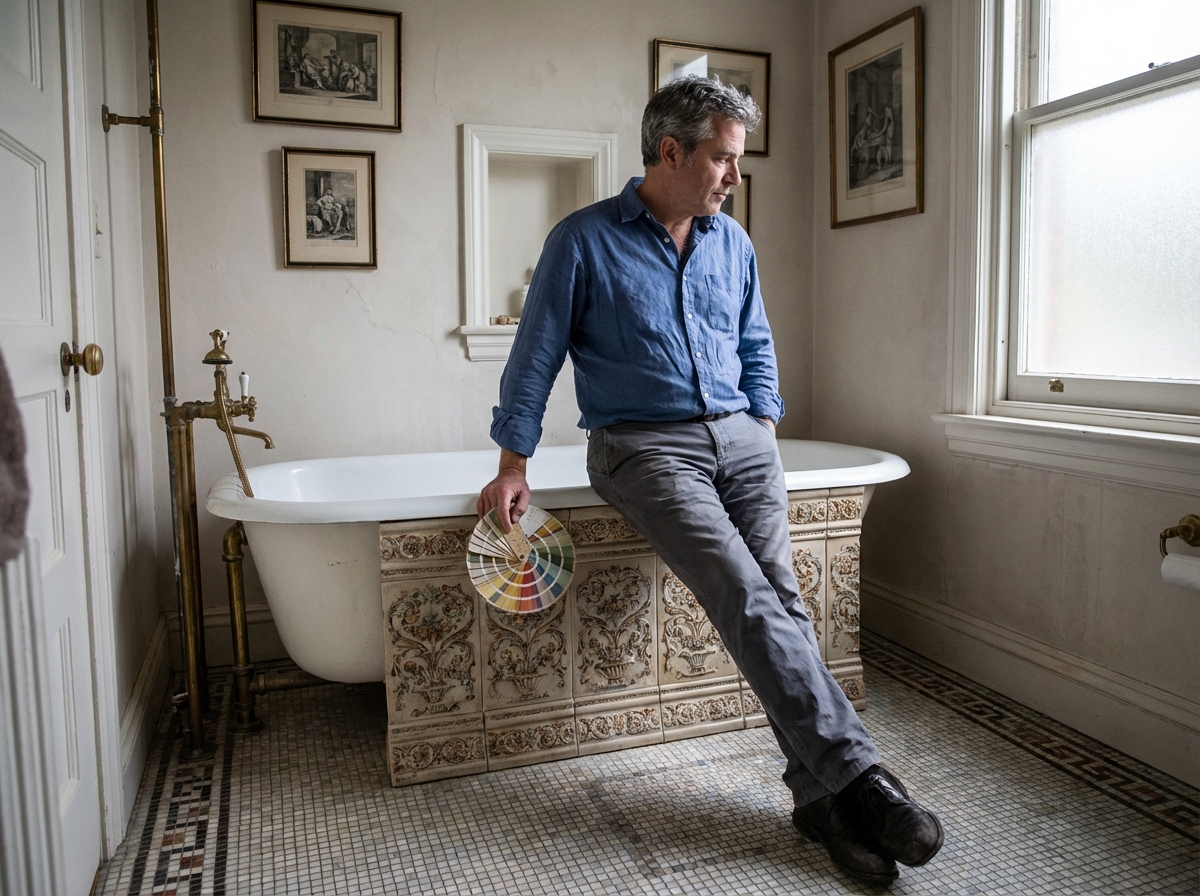 Homme tenant un échantillon de couleur près d