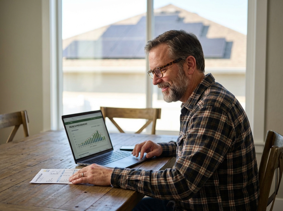 Homme regardant son ordinateur avec panneau solaire visible