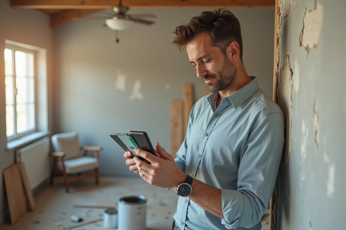 Homme vérifiant budget renovation avec smartphone dans salon