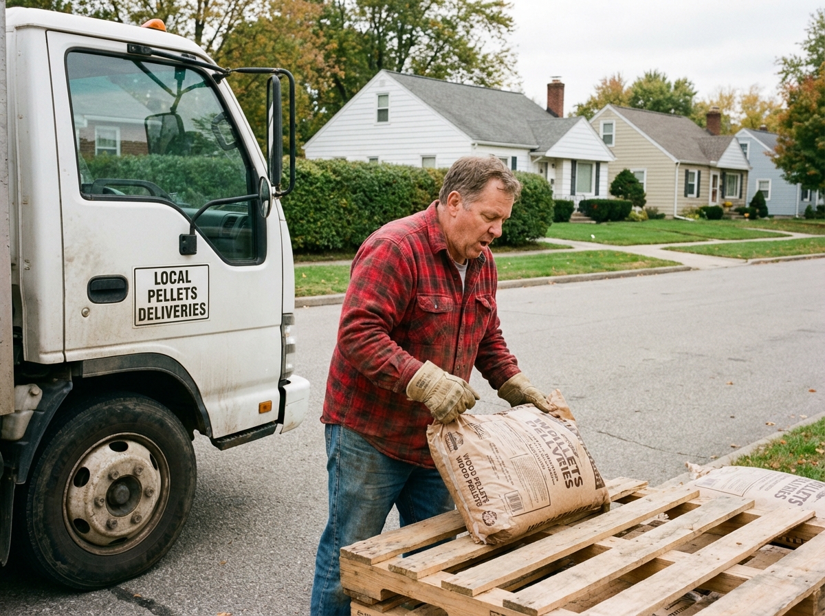 Homme chargeant des sacs de pellets dans un camion extérieur