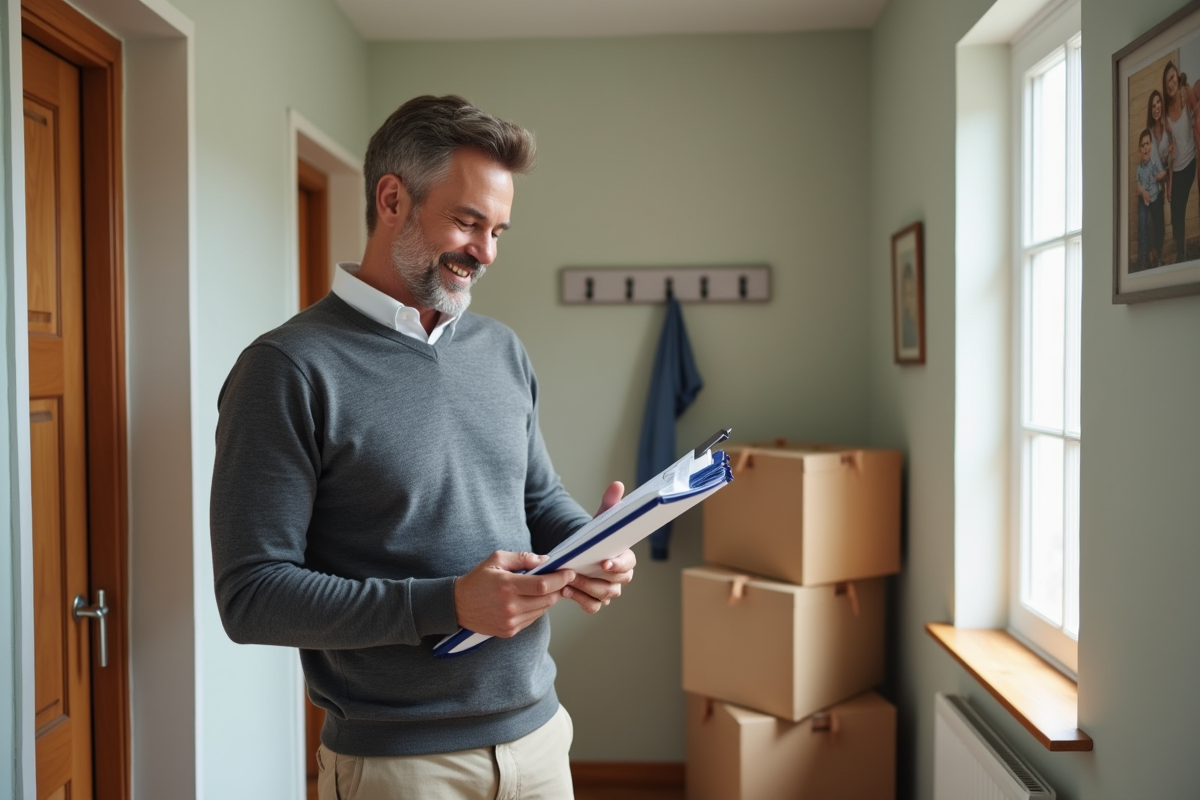 Homme vérifiant une checklist de déménagement dans le couloir
