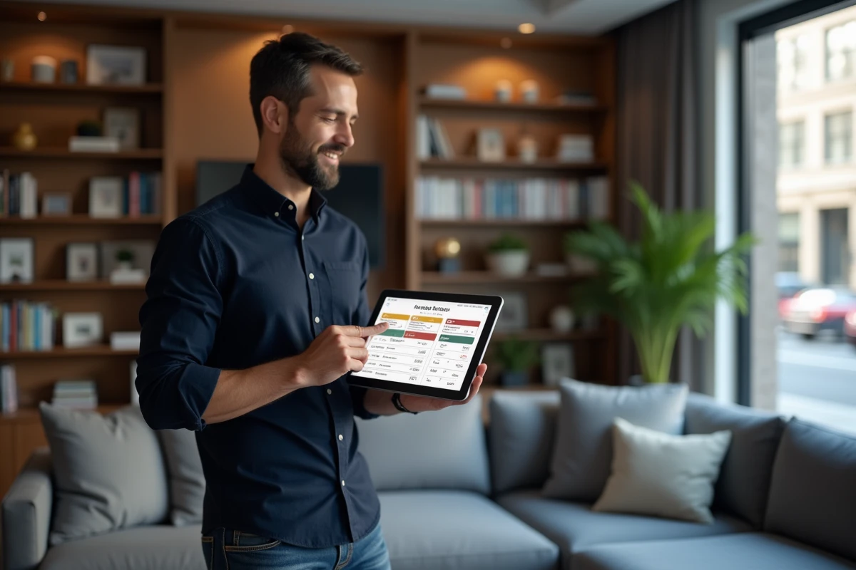 Homme comparant les tarifs et fonctionnalités de l'application lamaison360 sur une tablette dans son salon