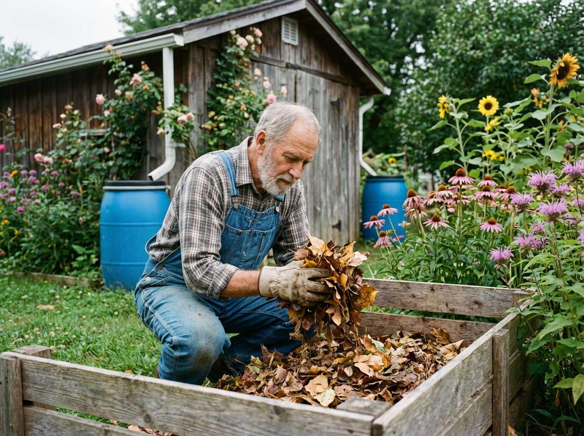 Homme vérifiant un tas de compost dans son jardin écologique