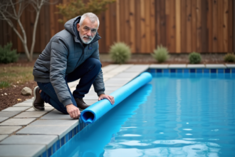 Homme d'âge moyen posant près d'une piscine en automne