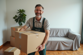 Homme de demenageur en uniforme dans un appartement moderne