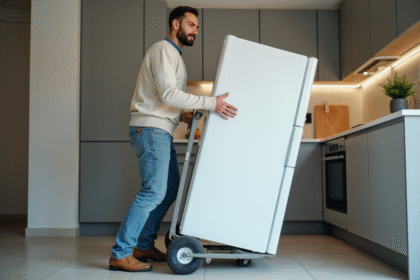 Homme en jeans déplaçant un frigo dans une cuisine moderne