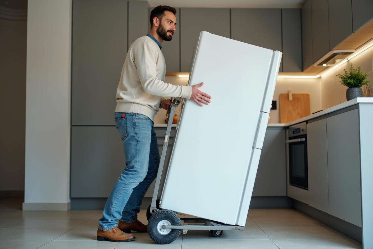 Homme en jeans déplaçant un frigo dans une cuisine moderne