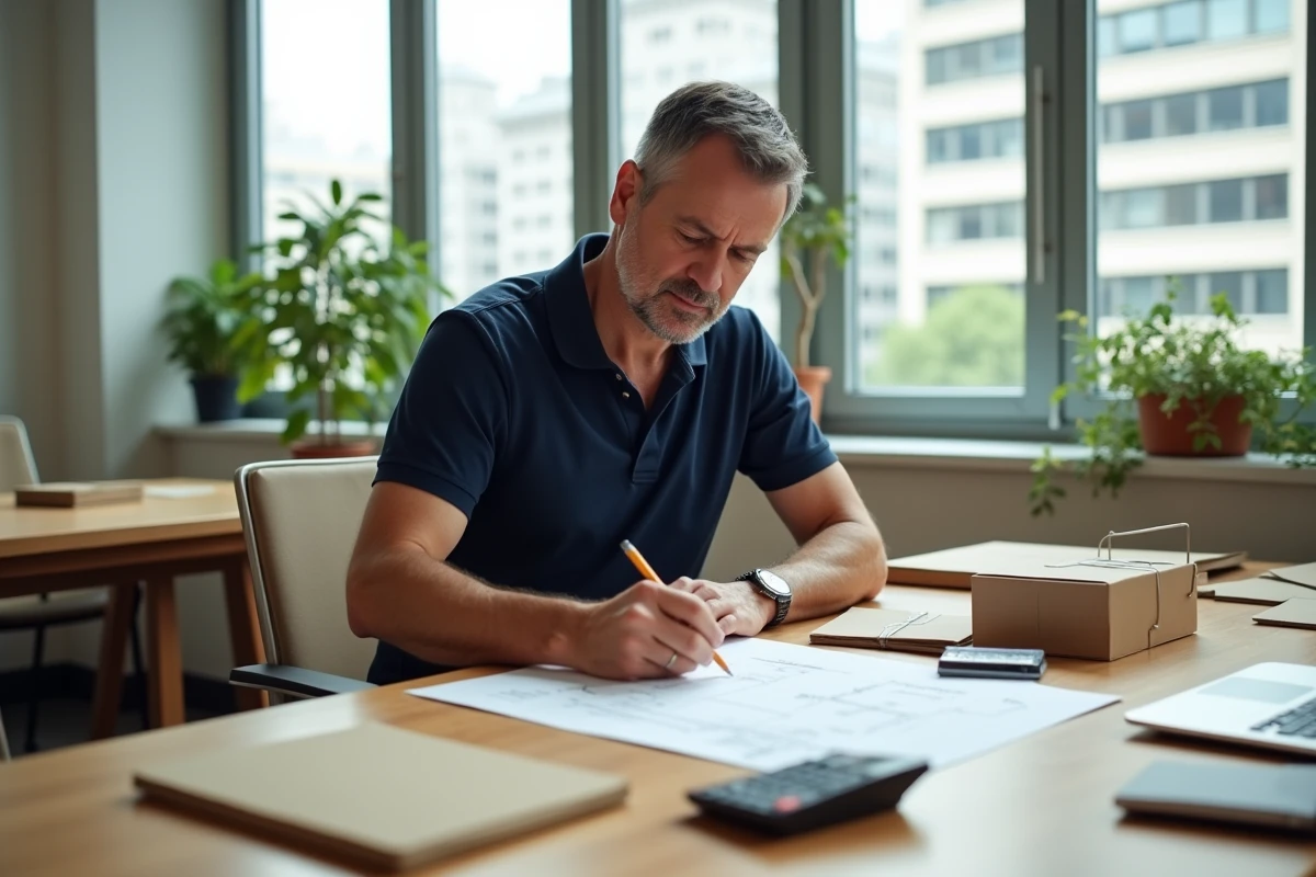 Homme esquisse des mesures de carton au bureau