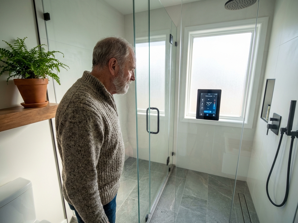 Homme explore une douche connectée dans une salle de bain rénovée