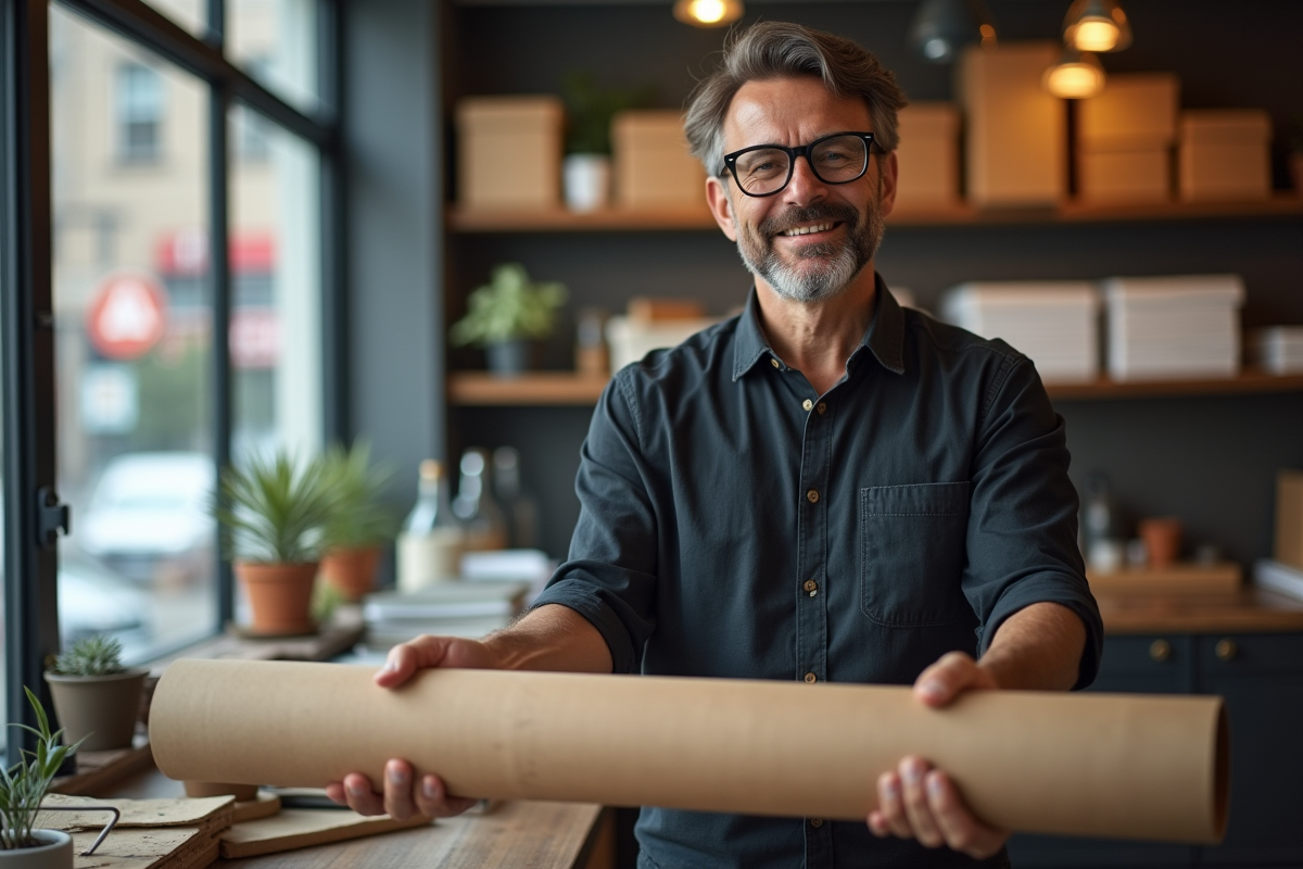 Homme emballant un poster dans une boutique d