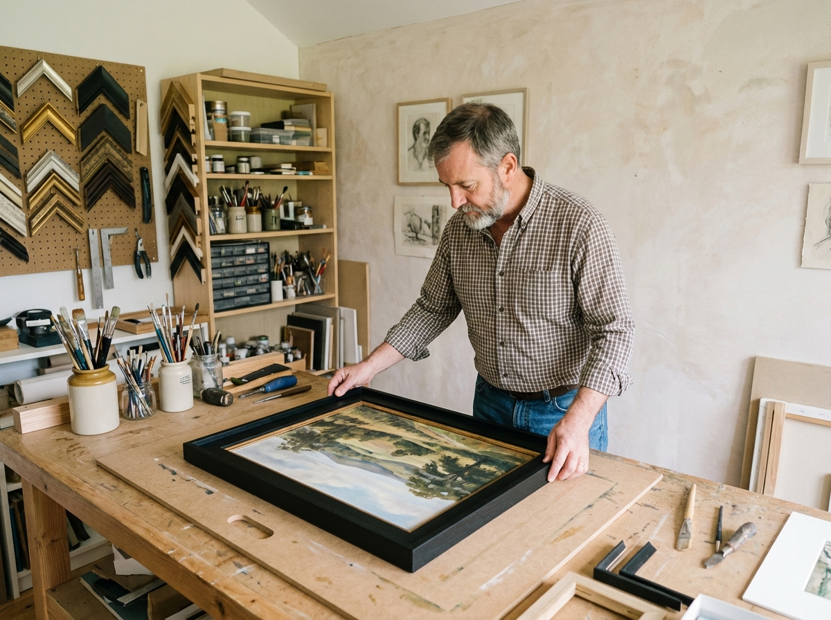 Homme place une peinture dans un cadre dans un atelier d