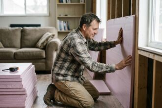 Homme posant des panneaux d'isolation sur un mur intérieur