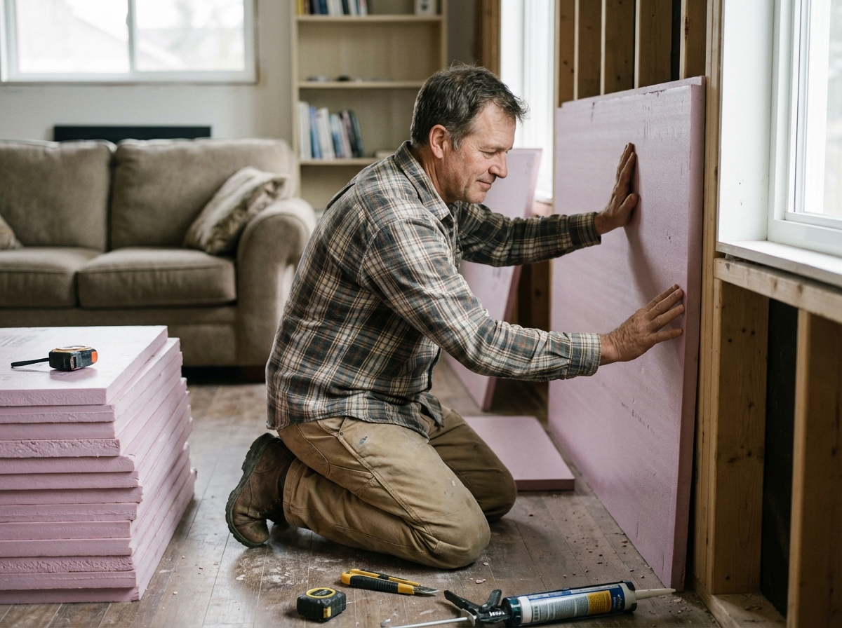 Homme posant des panneaux d'isolation sur un mur intérieur