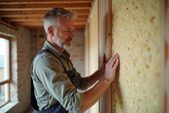 Homme appliquant de la laine mineral pour isolation murale