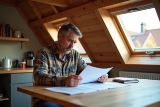 Homme en plaid lit des documents de renovation dans un grenier lumineux