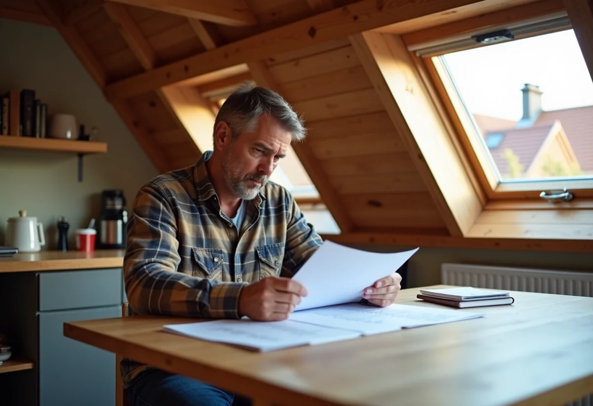 Homme en plaid lit des documents de renovation dans un grenier lumineux