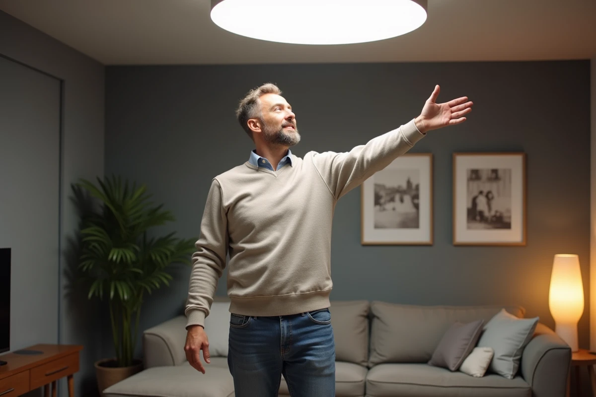 Homme d'âge moyen dans un salon moderne avec lumière LED