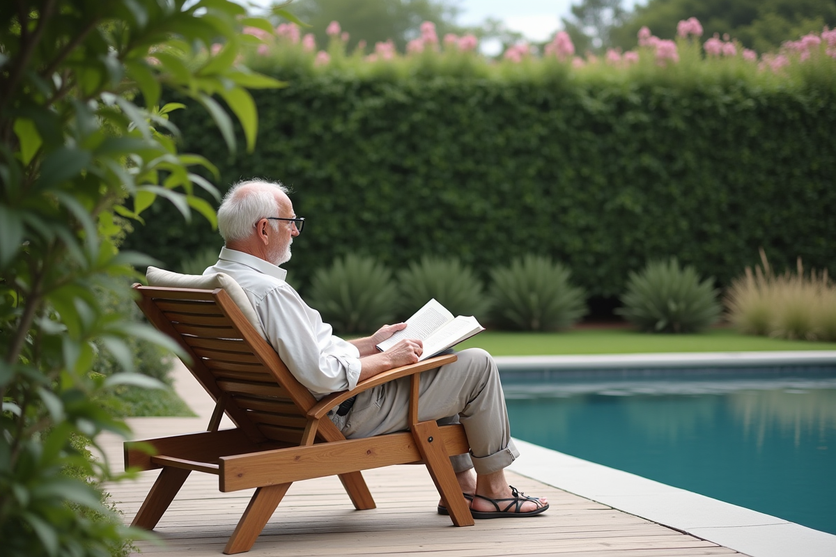Homme âgé lisant au bord de la piscine avec plantes