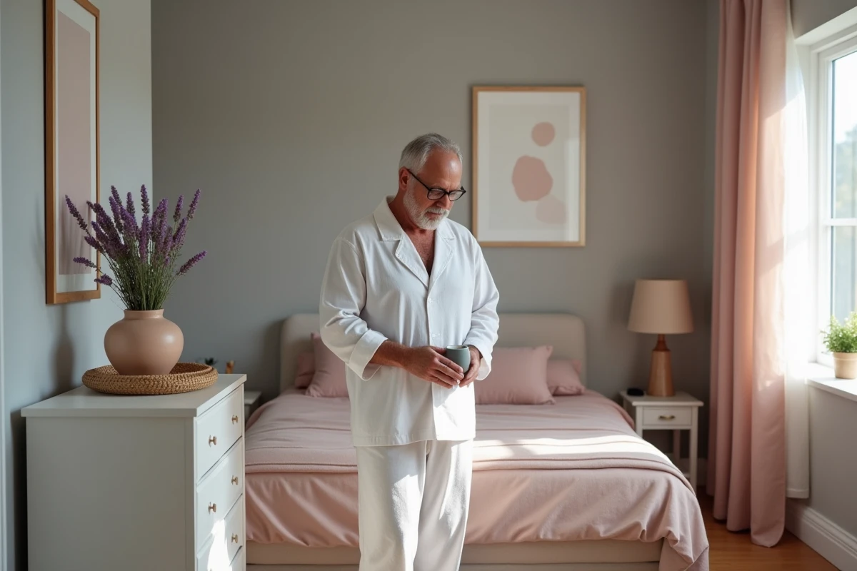 Homme arrangeant un vase de lavande dans la chambre