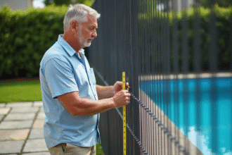 Homme d'âge moyen mesurant la distance de la clôture de piscine