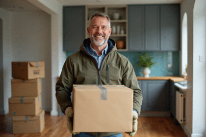 Homme en tenue de travail soulevant une boîte dans un appartement