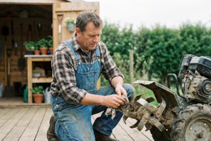 Homme en overalls nettoie une machine de jardinage