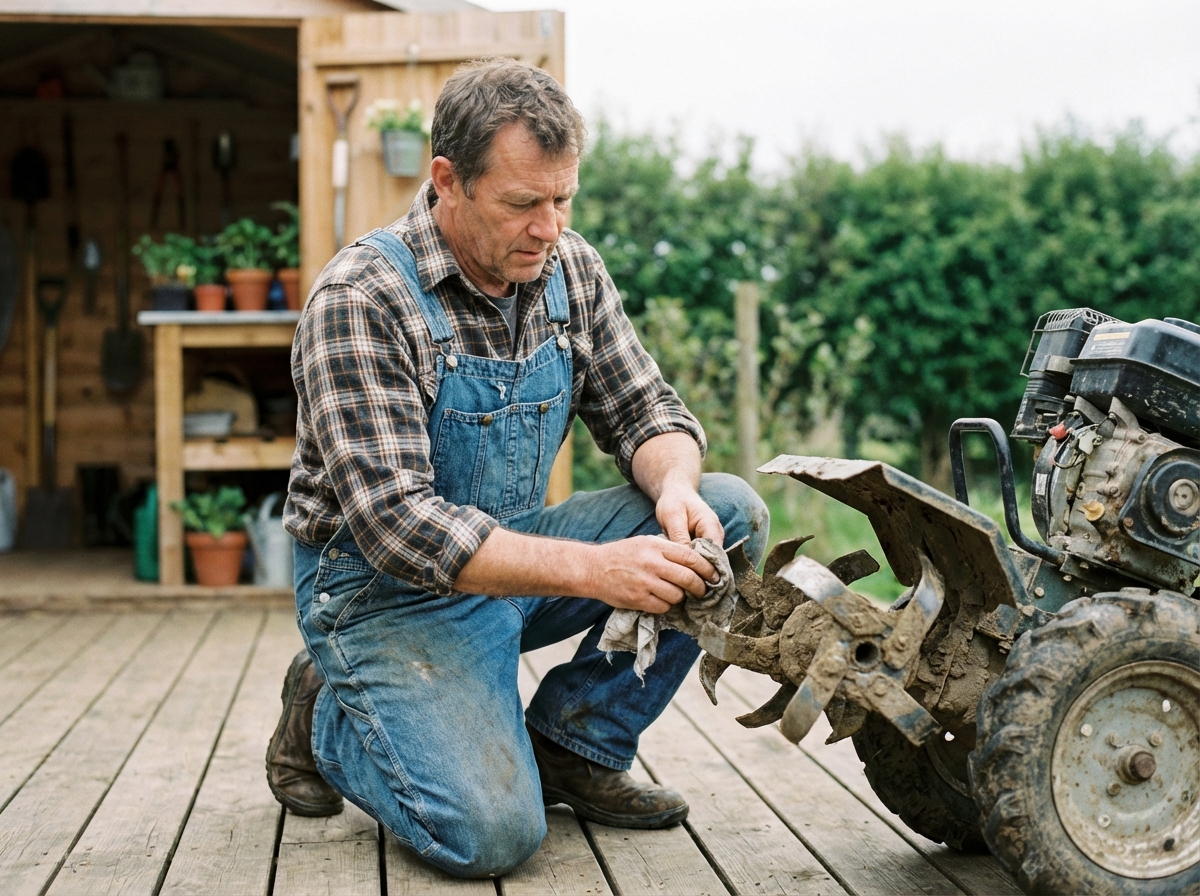Homme en overalls nettoie une machine de jardinage