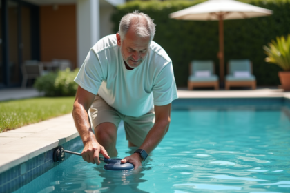 Homme vérifiant la clarté de l'eau dans la piscine