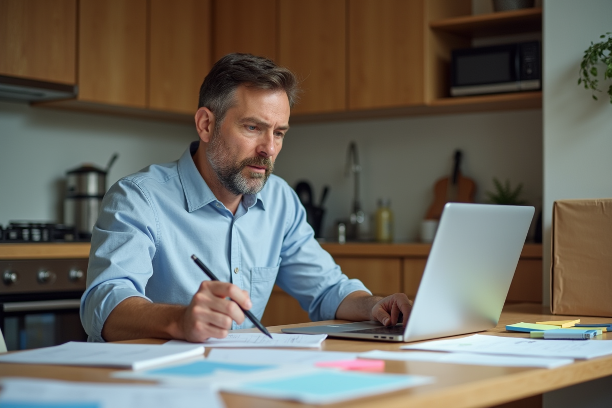 Homme planifiant son déménagement avec checklists et ordinateur