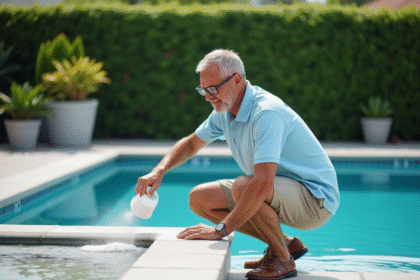 Homme versant du bicarbonate dans une piscine extérieure
