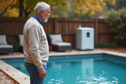 Homme d'âge moyen près d'une piscine extérieure et thermostat